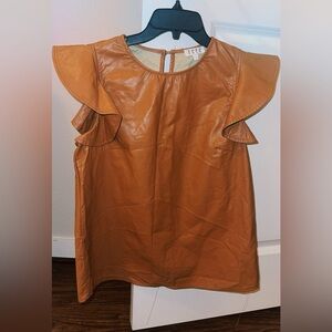 TCEC Faux Leather Brown Ruffled Sleeveless Top